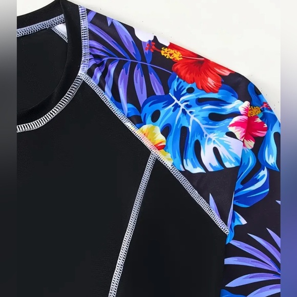 2pc Floral Tropical Print Long Sleeve Rash Guard Short Swim Set - Picture 4 of 8